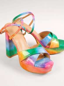 Multi Color Criss Cross Strap Platform High Heel Sandals - Multicolor - View 2