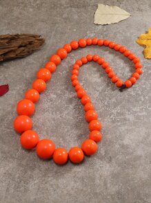 波西米亞風手工木珠針織衫項鍊 - 橘色 - 查看 1