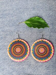 Wooden Round Drop Earrings - Multicolor - View 1