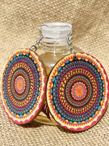 Wooden Round Drop Earrings - Multicolor - View 5