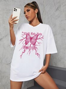 SHEIN Unity 女式标语与蝴蝶印花宽松圆领落肩T恤 - 白色 - 查看 1