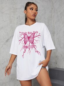 SHEIN Unity 女式标语与蝴蝶印花宽松圆领落肩T恤 - 白色 - 查看 3