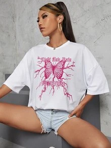 SHEIN Unity 女式标语与蝴蝶印花宽松圆领落肩T恤 - 白色 - 查看 4