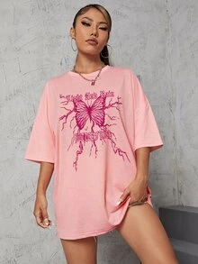 SHEIN Unity Camiseta amplia con estampado de slogan y mariposa de hombros caídos - Rosa - Ver 3