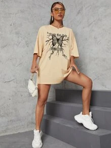 SHEIN Unity Camiseta amplia con estampado de slogan y mariposa de hombros caídos - Albaricoque - Ver 4