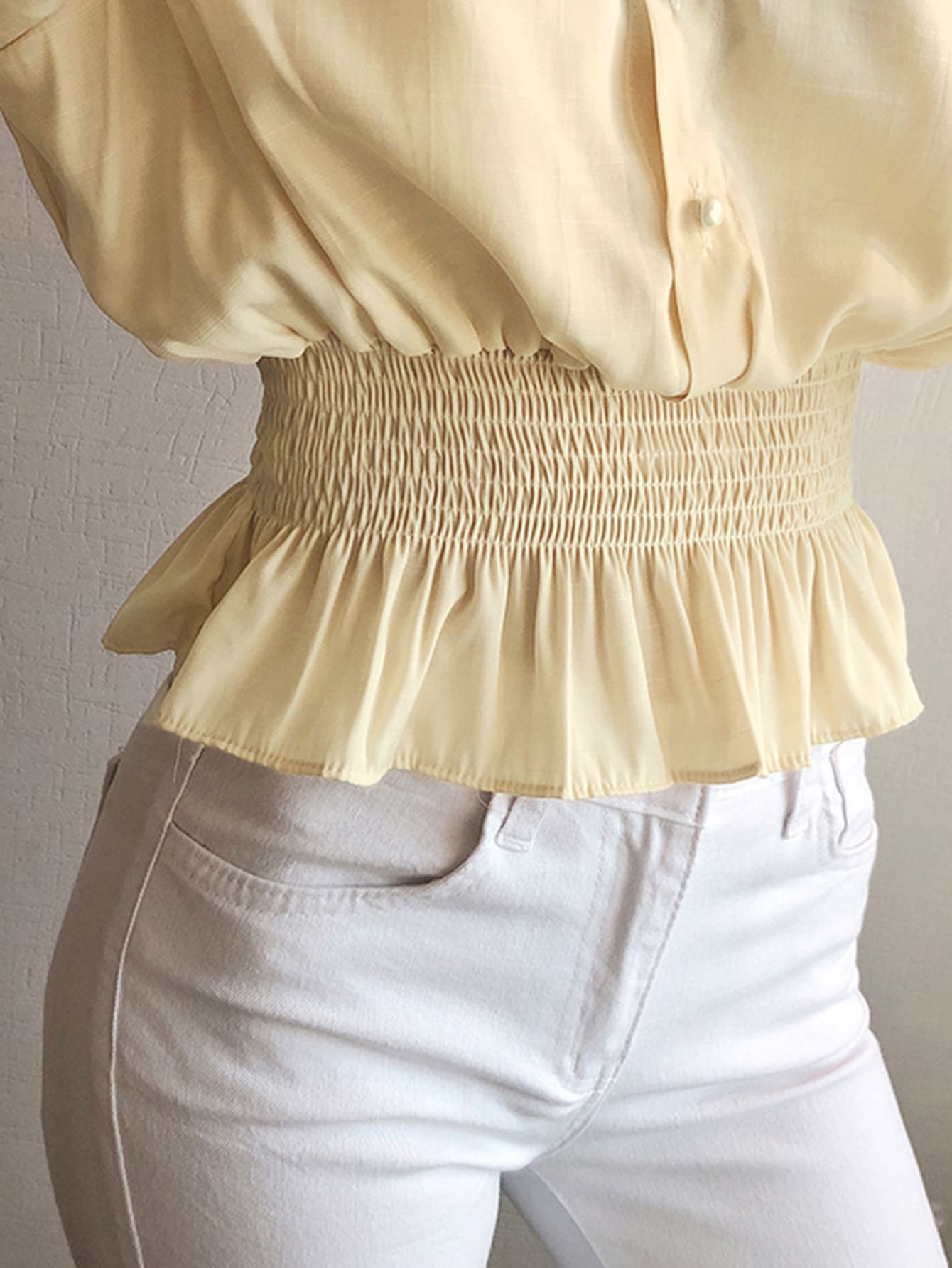 Button Front Flounce Sleeve Shirred Waist Peplum Blouse