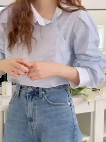 DAZY Áo cổ sọc tương phản - Xanh và trắng - Xem 2