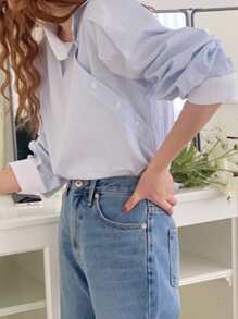 DAZY Áo cổ sọc tương phản - Xanh và trắng - Xem 7