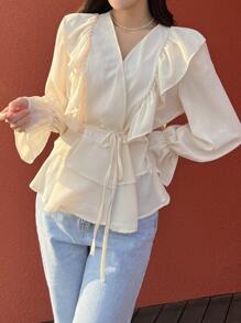 DAZY Flounce Sleeve Ruffle Layered Hem Shirt - Apricot - View 3