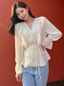 DAZY Flounce Sleeve Ruffle Layered Hem Shirt - Apricot - View 4