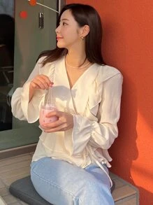 DAZY Flounce Sleeve Ruffle Layered Hem Shirt - Apricot - View 6