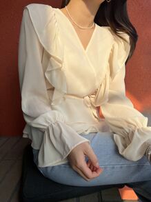 DAZY Flounce Sleeve Ruffle Layered Hem Shirt - Apricot - View 7