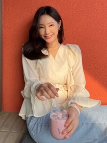 DAZY Flounce Sleeve Ruffle Layered Hem Shirt - Apricot - View 8