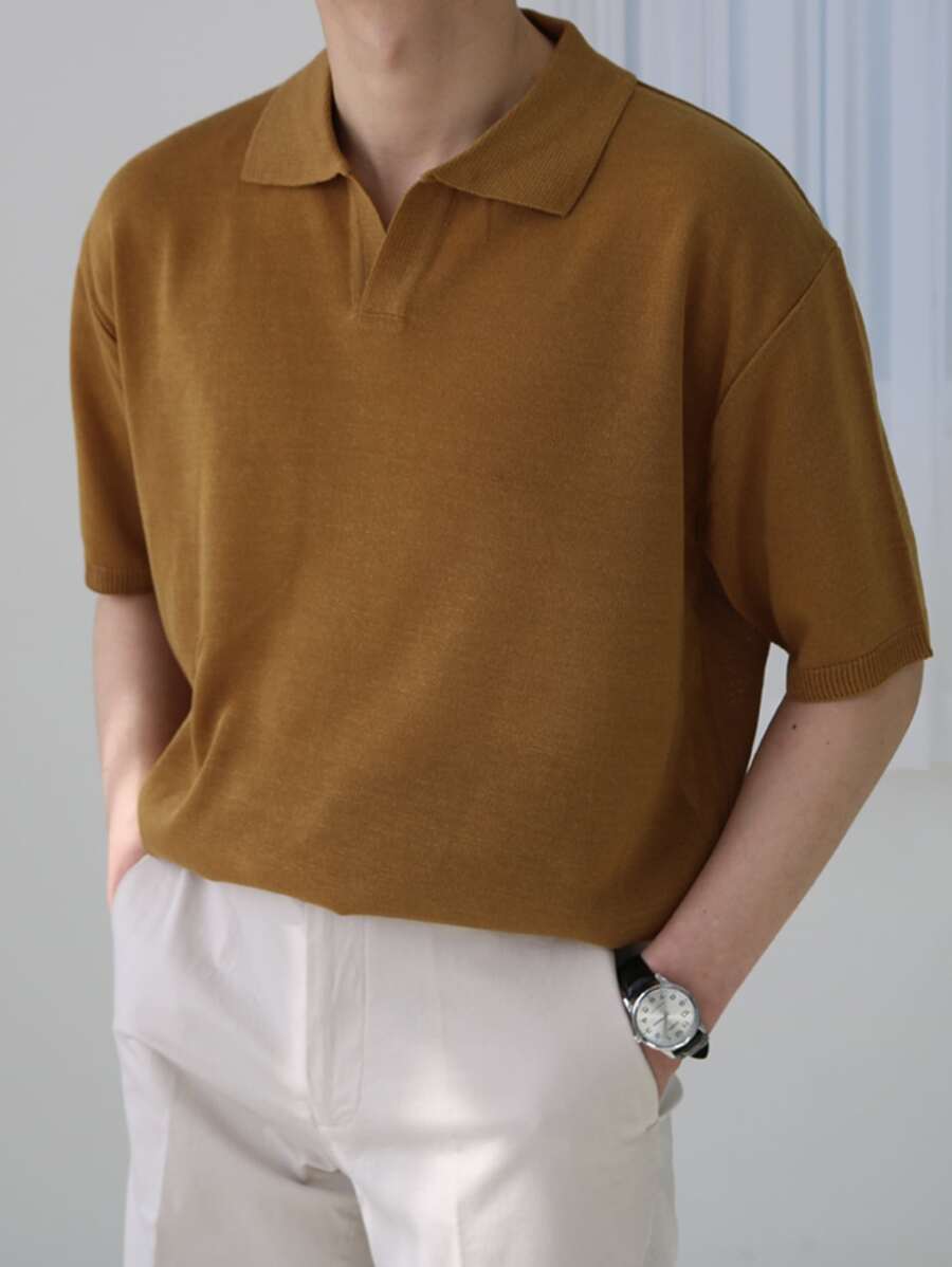 DAZY Men Polo Neck Drop Shoulder Knit Top - Brown - View 1