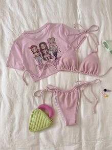 SHEIN Swim 夏日海滩闺蜜款印花纹理比基尼套装，挂脖三角系带下装三件套泳衣 - 藕粉色 - 查看 3