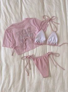 SHEIN Swim 夏日海滩闺蜜款印花纹理比基尼套装，挂脖三角系带下装三件套泳衣 - 藕粉色 - 查看 4