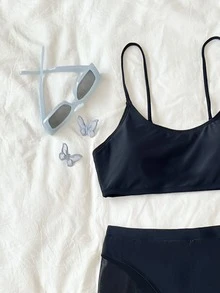Contrast Mesh Cut Out Bikini - Black - View 4