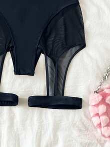 Contrast Mesh Cut Out Bikini - Black - View 5