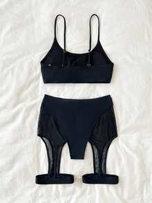 Contrast Mesh Cut Out Bikini - Black - View 6