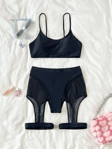 Contrast Mesh Cut Out Bikini - Black - View 7