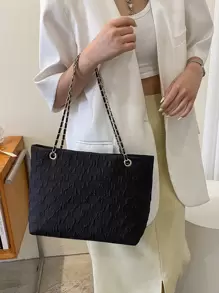 Diseño de moda de unicolor simple, nueva bolsa de mano versátil para mujer de otoño/invierno, esencial para ir al trabajo y citas, a cuadros, bolso de hombro con cadena, adecuado para mujeres, jóvenes profesionales y trabajadores de oficina, gran capacidad, adecuado para negocios, ir al trabajo y la oficina. - Negro - Ver 3