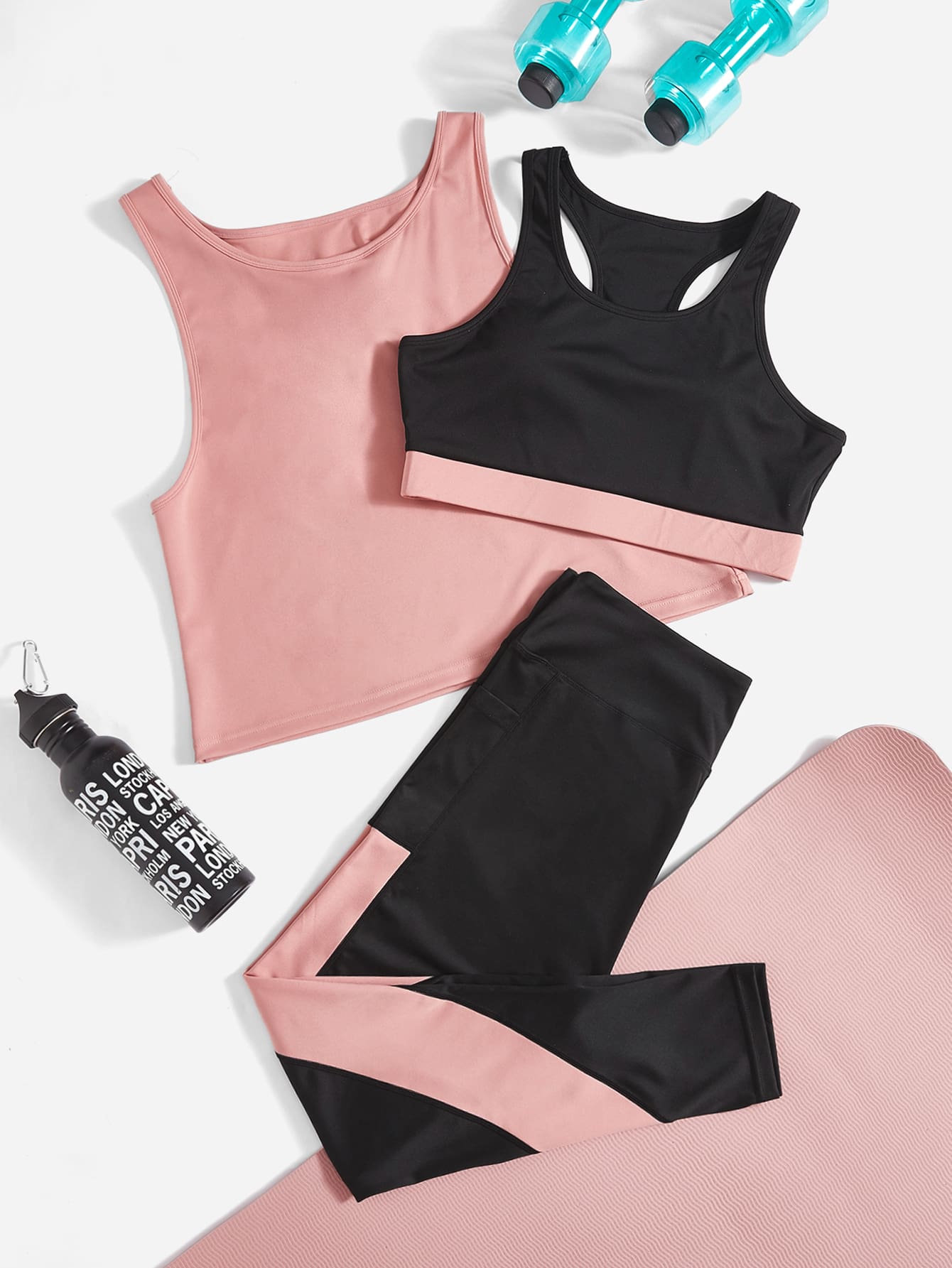 Gameset SHEIN Sport Plus Twist Back Tank Top & Colourblock Bra & Leggings Sports Set - Multicolor - View 1