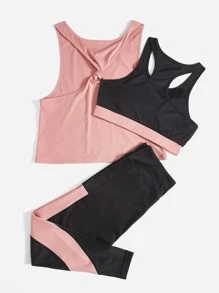Gameset SHEIN Sport Plus Twist Back Tank Top & Colourblock Bra & Leggings Sports Set - Multicolor - View 2