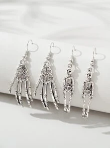 2對骷髏和手掌耳墜 - 復古銀色 - 查看 1