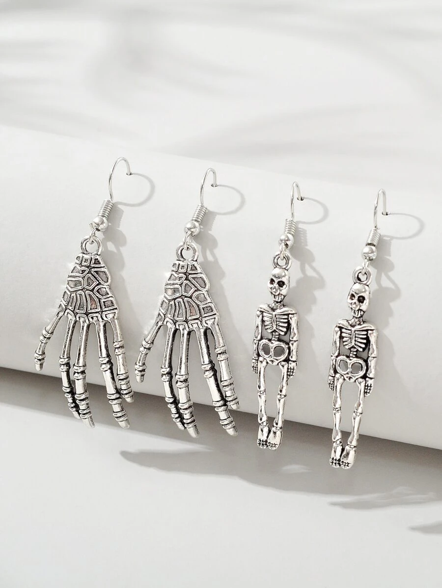 2對骷髏和手掌耳墜 - 復古銀色 - 查看 1