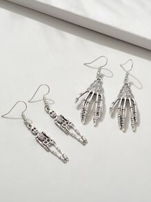 2對骷髏和手掌耳墜 - 復古銀色 - 查看 2