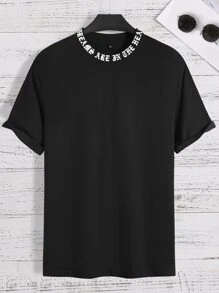 Manfinity Homme 男士T恤，緊身款，圓領，下肩，短袖，標語T恤，休閒夏季針織上衣 - 黑色 - 查看 1