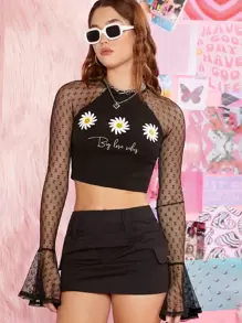 SHEIN Floral & Slogan Graphic Contrast Mesh Raglan Sleeve Crop Top - Black - View 1