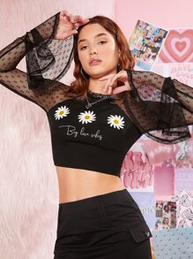 SHEIN Floral & Slogan Graphic Contrast Mesh Raglan Sleeve Crop Top - Black - View 3