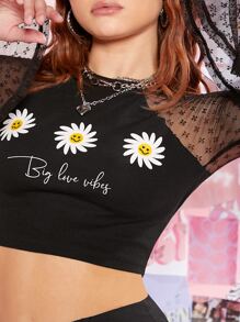 SHEIN Floral & Slogan Graphic Contrast Mesh Raglan Sleeve Crop Top - Black - View 4