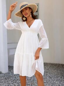Breezaya Swiss Dot Flounce Sleeve Ruffle Hem Dress Vacation Beach Outfits Women - White - View 6