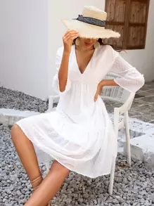 Breezaya Swiss Dot Flounce Sleeve Ruffle Hem Dress Vacation Beach Outfits Women - White - View 8