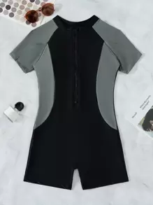 Swim SPRTY Summer Beach Two Tone Zipper Front One Piece Swimsuit - Black - View 6