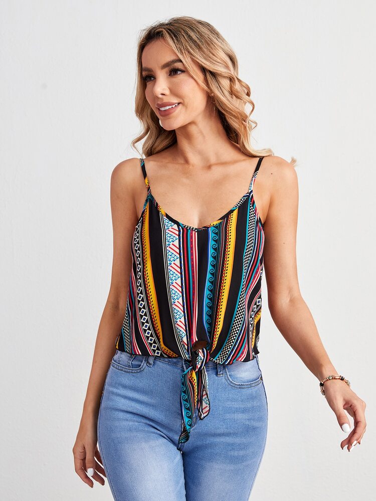 SHEIN VCAY Top de tirantes de rayas bajo con nudo - Multicolor - Añade 1