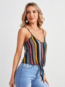 SHEIN VCAY Striped Knot Hem Cami Top - Multicolor - View 3