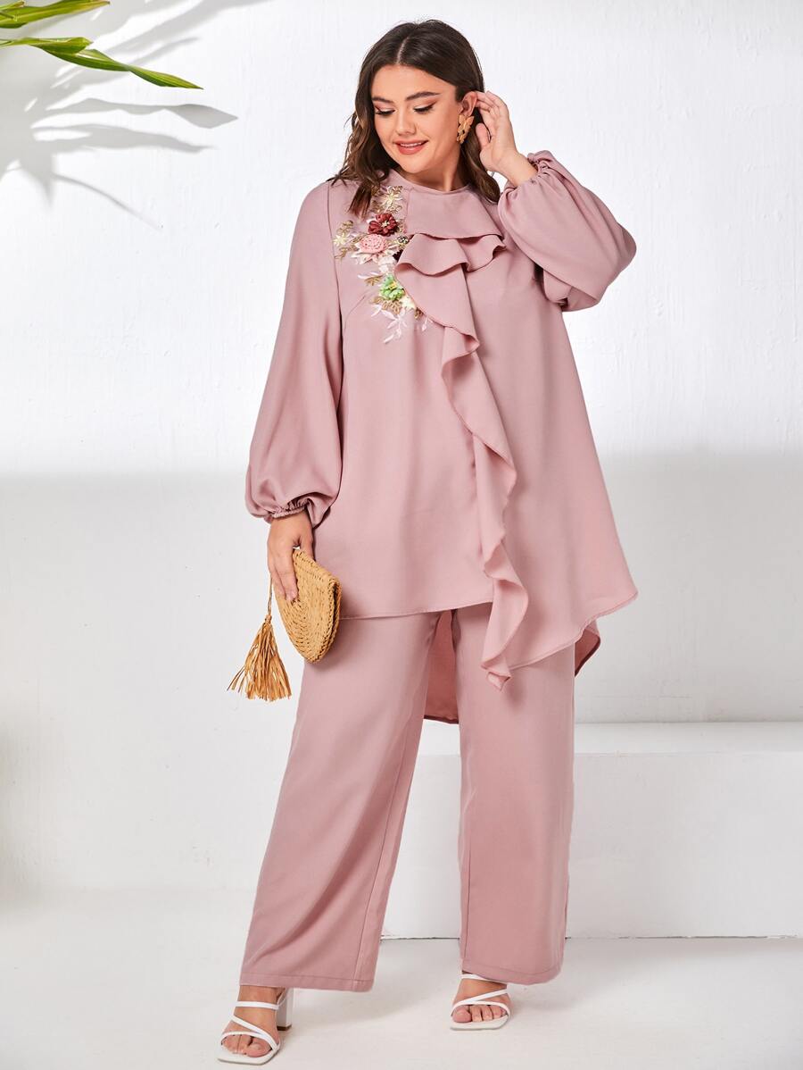 Mulvari 大碼印花刺繡細節燈籠袖荷葉邊上衣和闊腿褲 - 藕粉色 - 查看 1