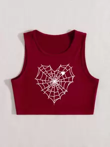SHEIN Unity 心形和蜘蛛网印花短款背心图案 T 恤女式上衣 - 酒紅色 - 查看 3