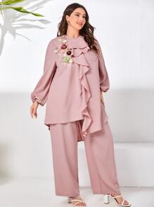 Mulvari 大碼印花刺繡細節燈籠袖荷葉邊上衣和闊腿褲 - 藕粉色 - 查看 3