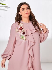 Mulvari 大碼印花刺繡細節燈籠袖荷葉邊上衣和闊腿褲 - 藕粉色 - 查看 4