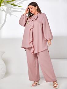 Mulvari 大碼印花刺繡細節燈籠袖荷葉邊上衣和闊腿褲 - 藕粉色 - 查看 5