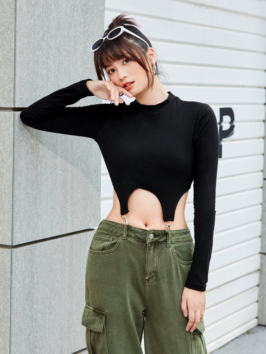 SHEIN ICON Áo thun Bất đối xứng màu trơn Giải trí - màu đen - Xem 1