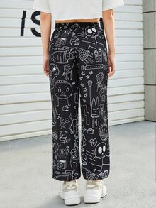 SHEIN Unity Allover Cartoon Graphic Wind Pants - Black - View 2