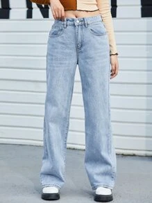 SHEIN Jean Tombol Plain Casual - Light Wash - View 1