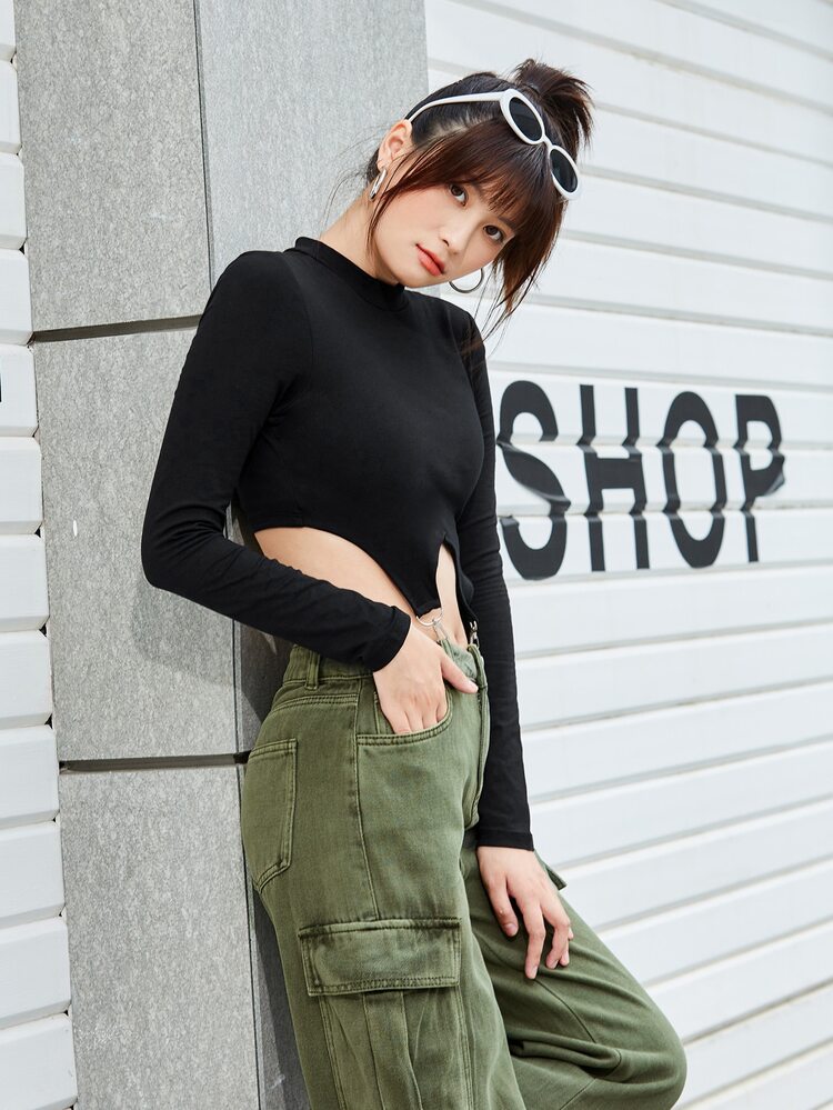 SHEIN ICON d形環細節不對稱下擺短版上衣 - 黑色 - 查看 5