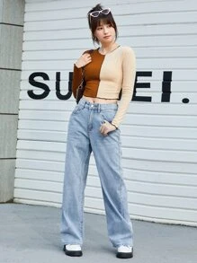 SHEIN Jean Tombol Plain Casual - Light Wash - View 3