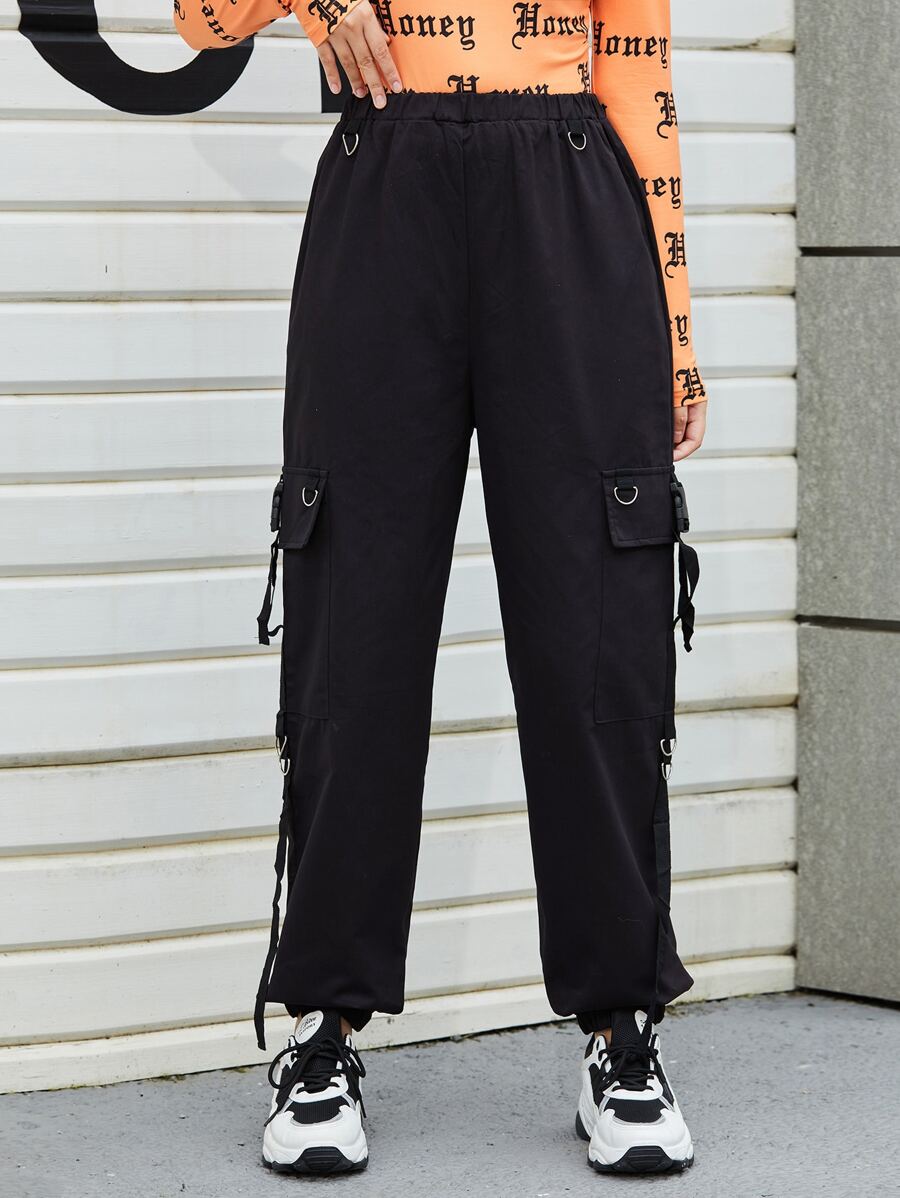 SHEIN Coolane Chain Detail Cargo Pants - Black - View 1